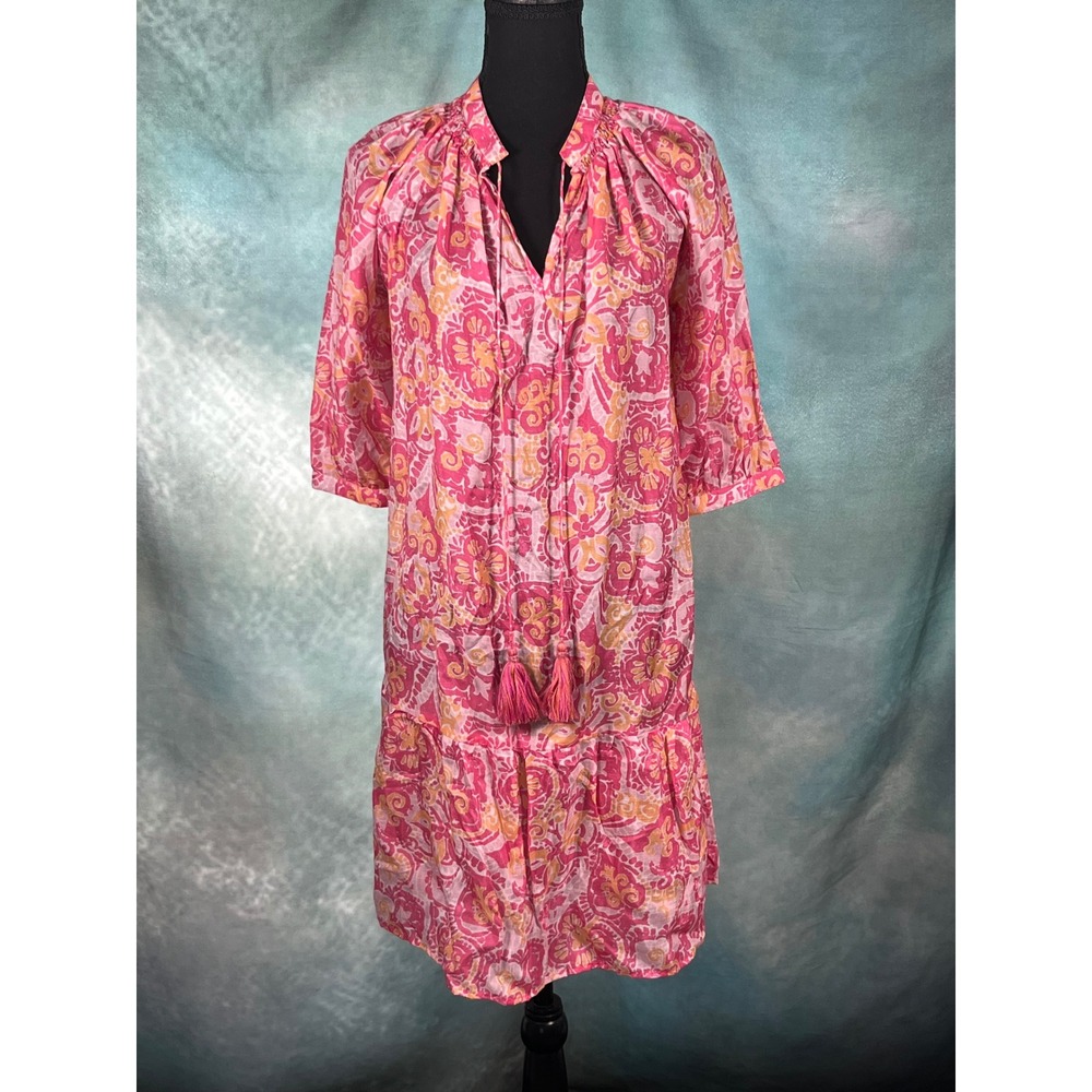 Bella Tu Pink Orange Paisley Tassel Tiered Viscose Tunic‎ Dress XS NEW